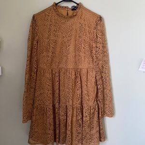 XX21: Mustard lacy dress with ruffled crew neck